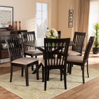 Baxton Studio Lore-Sand/Dark Brown-7PC Dining Set Lore Modern and Contemporary Sand Fabric Upholstered and Dark Brown Finished Wood 7-Piece Dining Set